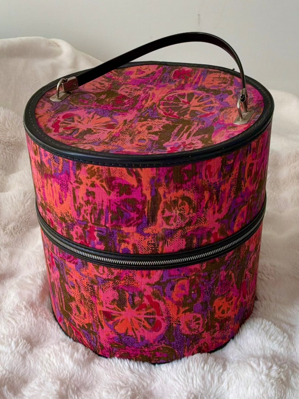 Vintage 60s Bagmaster Wig Hat Box Case MCM Psychedelic Pink Floral Tapestry